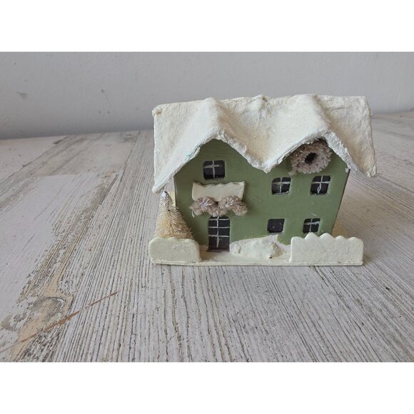 Seasons Cannon falls paper mache village house light up green sparkle decor - Picture 1 of 8